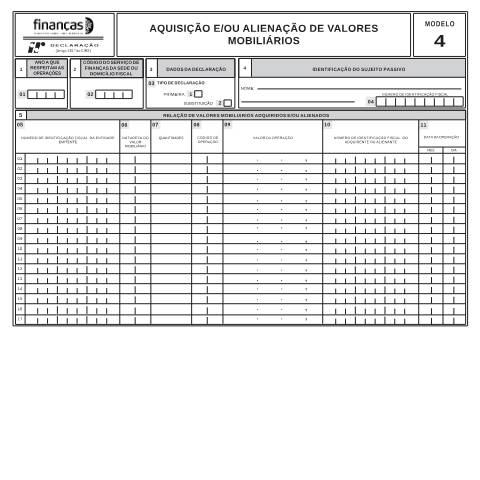 Pré-visualização do documento Modelo 4 - Aquisição e/ou alienação de valores mobiliários — IRS / IRC, Portugal (CERFA n°Modelo 4)