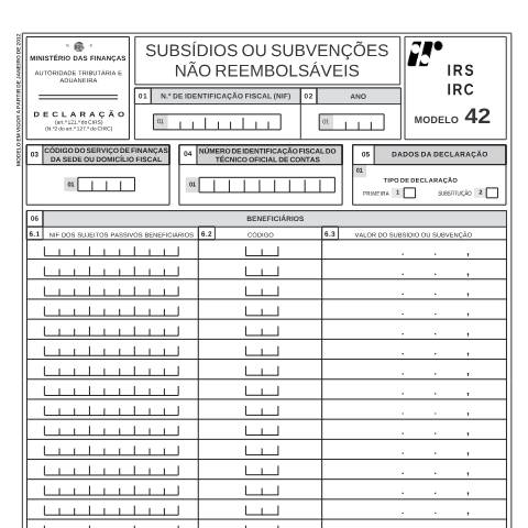 Pré-visualização do documento Modelo 42 - Subsídios ou Subvenções não Reembolsáveis — IRS / IRC, Portugal (CERFA n°Modelo 42)
