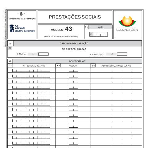 Pré-visualização do documento Modelo 43 - Prestações Sociais — IRS / IRC, Portugal (CERFA n°Modelo 43)