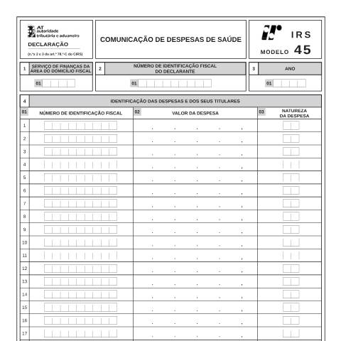 Pré-visualização do documento Modelo 45 - Comunicação de despesas de saúde — IRS / IRC, Portugal (CERFA n°Modelo 45)