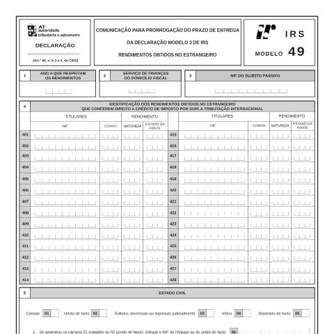 Pré-visualização do documento Modelo 49 - Comunicação para prorrogação do prazo de entrega da declaração modelo 3 de IRS - rendimentos obtidos no estrangeiro — IRS / IRC, Portugal (CERFA n°Modelo 49)