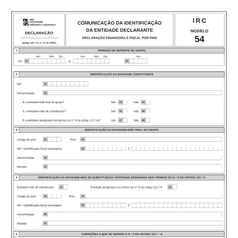 Pré-visualização do documento Modelo 54 - Comunicação da identificação da entidade declarante - Declaração Financeira e Fiscal por país — IRS / IRC, Portugal (CERFA n°Modelo 54)