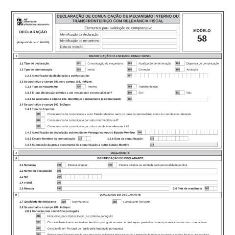 Pré-visualização do documento Modelo 58 - Declaração de Comunicação de Mecanismo Interno ou Transfronteiriço com Relevância Fiscal — IRS / IRC, Portugal (CERFA n°Modelo 58)