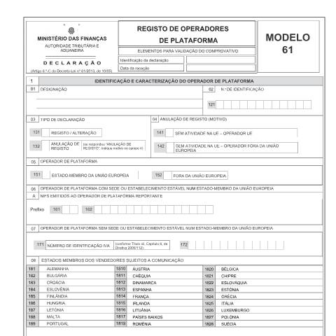 Pré-visualização do documento Modelo 61 - Registo de operadores de plataforma — IRS / IRC, Portugal (CERFA n°Modelo 61)