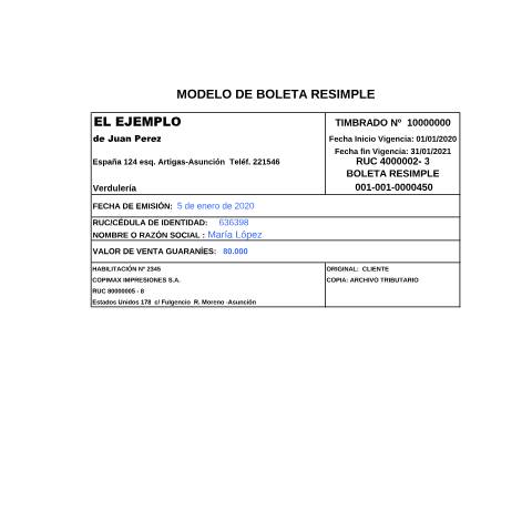 Vista previa del documento Modelo de Boleta Resimple Resolución General N° 32-2020 — Facturacion Y Timbrado / RESIMPLE, Paraguay
