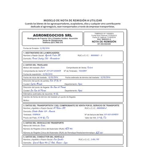 Vista previa del documento Modelo de Nota de Remision para Agronegocios — Facturacion Y Timbrado, Paraguay