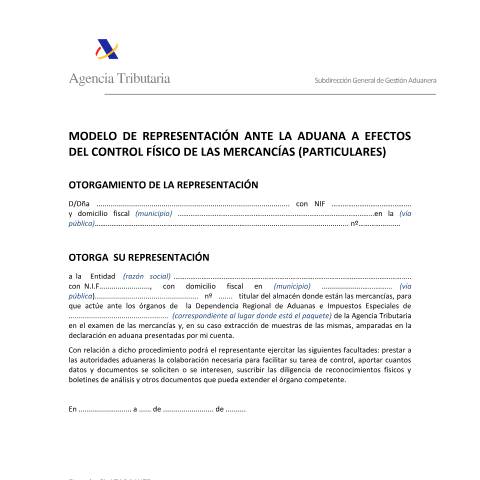 Vista previa del documento Modelo de representación a efectos del control físico de las mercancías (Importación particulares) — AEAT — Modelos de representación / autorización, España