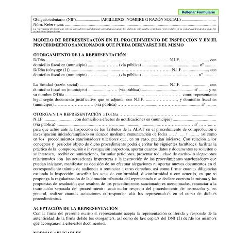 Vista previa del documento Modelo de representación en el procedimiento de inspección y en el procedimiento sancionador que pueda derivarse del mismo — AEAT — Modelos de representación / autorización, España