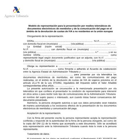 Vista previa del documento Modelo de representación para la presentación telemática del documento de reembolso del IVA a no residentes en la UE — AEAT — Modelos de representación / autorización, España