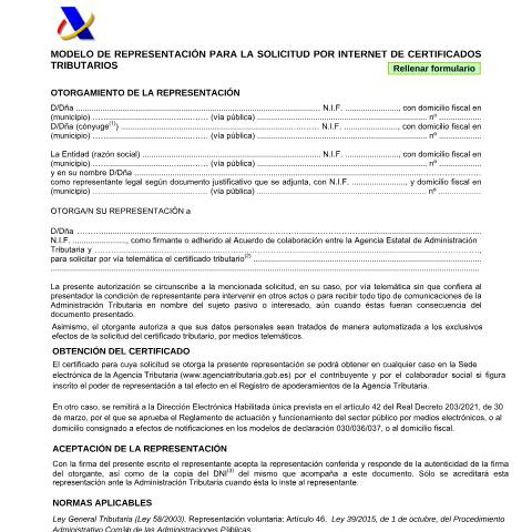Vista previa del documento Modelo de representación para la solicitud por Internet de Certificados Tributarios — AEAT — Modelos de representación / autorización, España