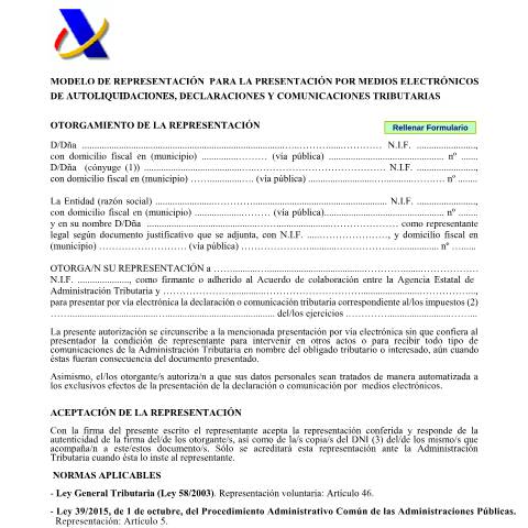 Vista previa del documento Modelo de representación para la presentación por medios electrónicos de autoliquidaciones, declaraciones y comunicaciones tributarias. — AEAT — Modelos de representación / autorización, España