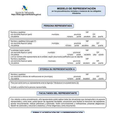 Vista previa del documento Modelo de representación para procedimientos iniciados a instancia del obligado tributario — AEAT — Modelos de representación / autorización, España