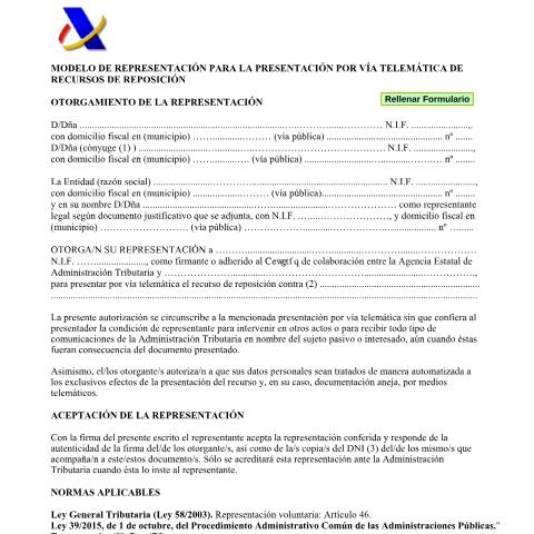 Vista previa del documento Modelo de representación para la presentación por vía telemática de recursos de reposición — AEAT — Modelos de representación / autorización, España