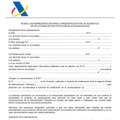 Vista previa del documento Modelo de representación para la presentación por vía telemática de solicitudes de rectificación de autoliquidación — AEAT — Modelos de representación / autorización, España