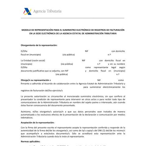Vista previa del documento Modelo de representación para el suministro electrónico de registros de facturación en la Sede electrónica de la Agencia Estatal de Administración Tributaria — AEAT — Modelos de representación / autorización, España