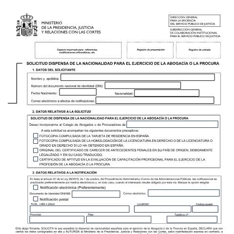 Vista previa del documento Modelo de Dispensa de Nacionalidad para Ejercicio de Abogacía o Procura e Instrucciones — Ministerio de Justicia — Modelos de solicitud normalizados, España