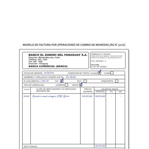 Vista previa del documento Modelo de factura de divisas por operaciones de cambio de monedas — Facturacion Y Timbrado, Paraguay
