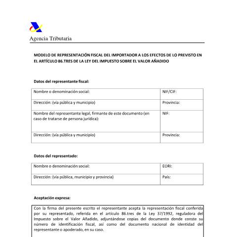 Vista previa del documento Modelo de representación fiscal del importador en operaciones del art. 27.12 LIVA — AEAT — Modelos de representación / autorización, España