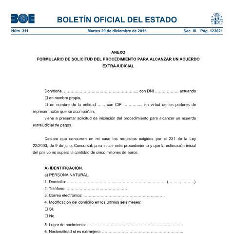 Vista previa del documento Modelo de Solicitud del procedimiento para alcanzar un acuerdo extrajudicial de pagos (segunda oportunidad) — Ministerio de Justicia — Modelos de solicitud normalizados, España