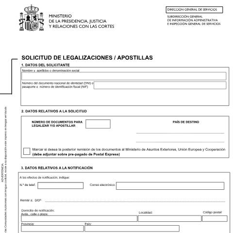 Vista previa del documento Modelo de Solicitud de Apostilla de la Haya e Instrucciones — Ministerio de Justicia — Modelos de solicitud normalizados, España