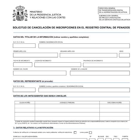 Vista previa del documento Modelo de Solicitud de Cancelación de Antecedentes Penales e Instrucciones — Ministerio de Justicia — Modelos de solicitud normalizados, España