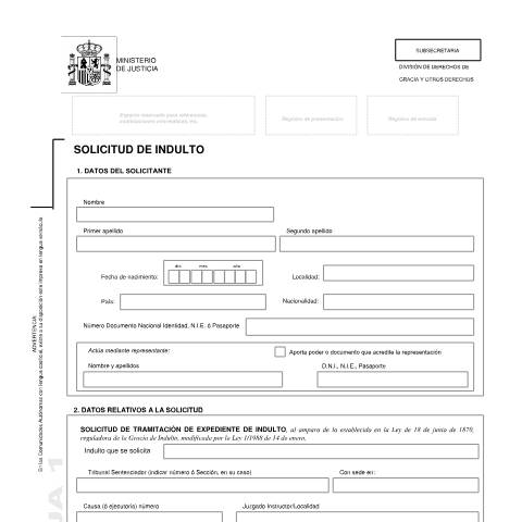 Vista previa del documento Modelo de Solicitud de Indulto solicitado por el penado e Instrucciones — Ministerio de Justicia — Modelos de solicitud normalizados, España