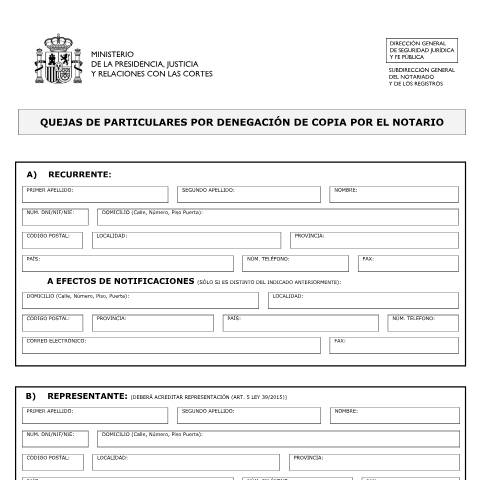 Vista previa del documento Modelo de Solicitud de Quejas de particulares por denegación de copia por el notario — Ministerio de Justicia — Modelos de solicitud normalizados, España