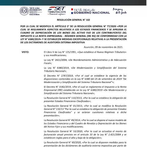 Vista previa del documento RG N° 102 modifica RG 77 y establece medidas excepcionales para DAEI VF — Auditores Externos Impositivos, Paraguay