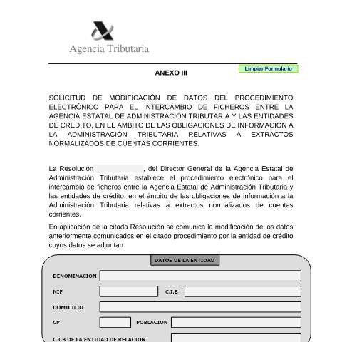 Vista previa del documento Solicitud de modificación de datos del procedimiento electrónico para el intercambio de ficheros entre la AEAT y las entidades de crédito, en el ámbito de las obligaciones de información a la Administración Tributaria relativas a extractos normalizados de cuentas corrientes — AEAT — Modelos de representación / autorización, España
