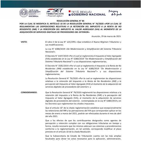 Vista previa del documento RESOLUCION GENERAL N° 84 2021 Modif. Art. 10 de la RG 76 20 Servicios Digitales — Iva, Paraguay