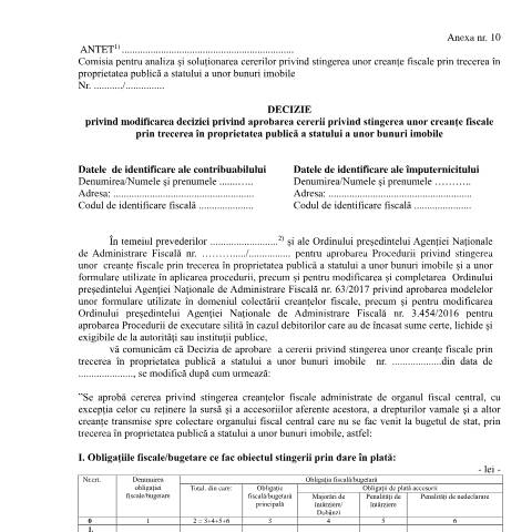 Document preview: Decizie privind modificarea deciziei privind aprobarea cererii privind stingerea unor creanțe fiscale prin trecerea în proprietatea publică a statului a unor bunuri imobile (OPANAF 6942/2024) — Documente emise, România (CERFA n°A10_OPANAF_6942_2024)