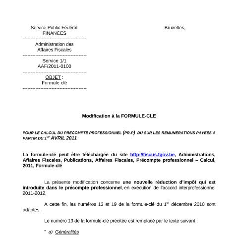 Aperçu du document A partir du 1er avril 2011 (PDF, 34.13 Ko) — SPF Finances, Belgique (CERFA n°Formule-clé avril 2011)