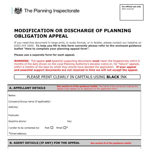 Document preview: Modify or discharge a planning obligation (s106b): Appeal Form — Planning Inspectorate, United Kingdom