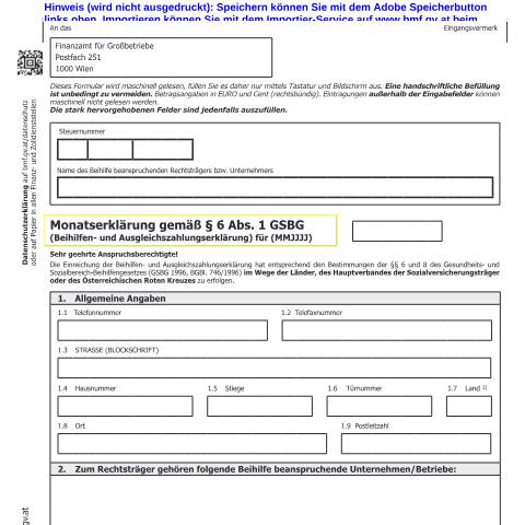 Dokumentvorschau: GSBG2 — Monatserklärung gemäß § 6 Abs. 1 GSBG (Beihilfen- und Ausgleichszahlungserklärung) — Steuern, Österreich (CERFA n°GSBG2)
