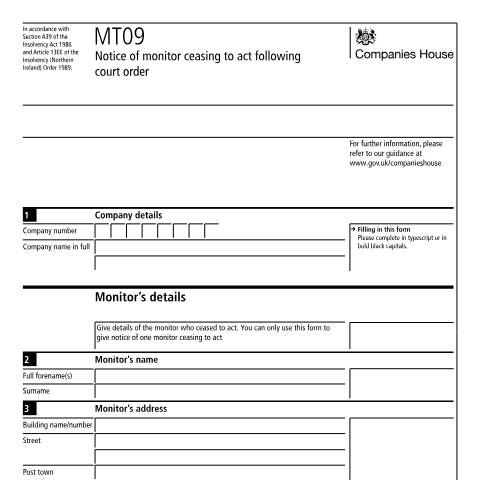 Document preview: Monitor ceasing to act following court order (MT09) — Companies House, United Kingdom