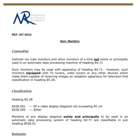 Document preview: Classification of Monitors — Document, Mauritius (CERFA n°Monitors)