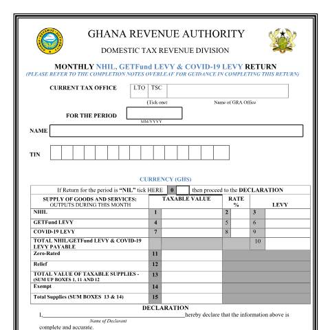 Document preview: Monthly Nhil Get Fund Levy Covid 19 Return Vr 2 18 Aug 2018 — tax, Ghana (CERFA n°DT-0138)