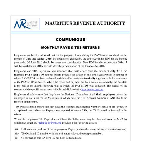 Document preview: Monthly PAYE &amp; TDS Returns (26.07.16) — Form, Mauritius (CERFA n°MonthlyROEandTDS)