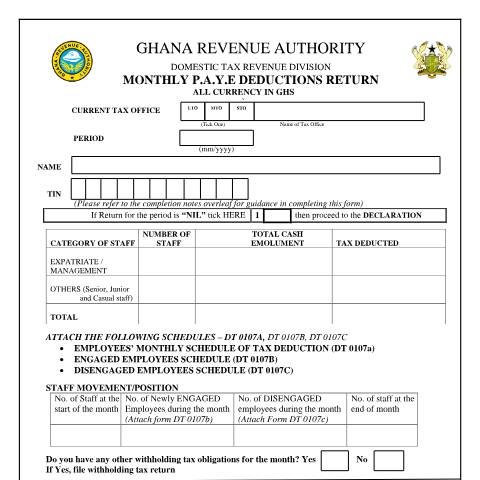 Document preview: Monthly Paye Deductions Return Form — tax, Ghana (CERFA n°DT-0107)