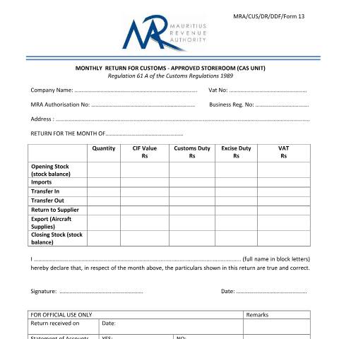 Document preview: Monthly Return for Customs Approved Storeroom (CAS) — Form, Mauritius (CERFA n°Form13-MonthlyReturnForCAS)