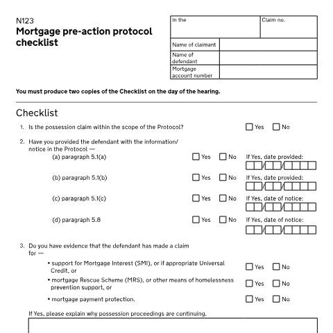 Document preview: Mortgage pre-action protocol checklist: Form N123 — HM Courts & Tribunals Service, United Kingdom
