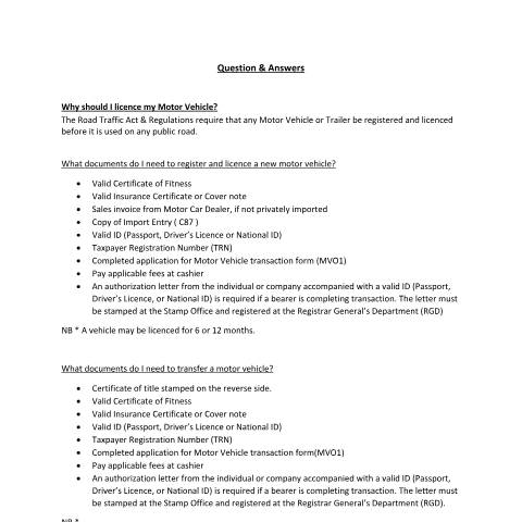 Document preview: Q &amp; A - Motor Vehicle Transactions — Document, Jamaica (CERFA n°motor_vehicle_transaction_q_a)