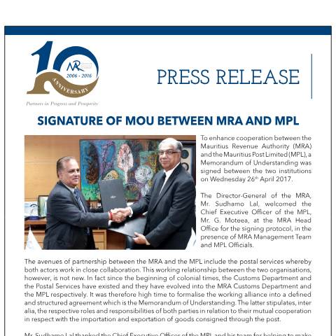 Document preview: Signature of MOU between MRA and MPL (27.04.17) — Document, Mauritius (CERFA n°MoUwithMauritiusPost)