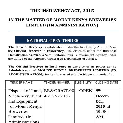 Document preview: TENDER NOTICE-MOUNT KENYA — Document, Kenya (CERFA n°TENDER-NOTICE-MOUNT-KENYA)