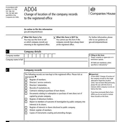 Document preview: Move your company's records to the registered office (AD04) — Companies House, United Kingdom
