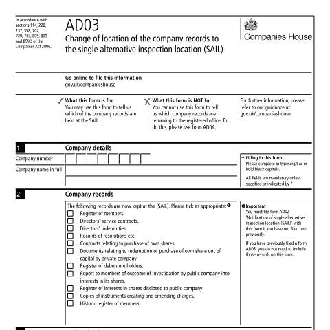 Document preview: Move your company's records to the single alternative inspection location (AD03) — Companies House, United Kingdom