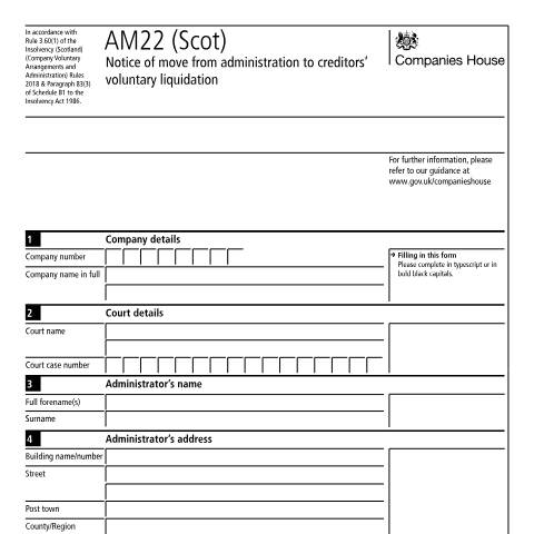 Document preview: Move a Scottish company from administration to creditors' voluntary liquidation: AM22 (Scot) — Companies House, United Kingdom