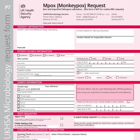 Document preview: Mpox testing: submit sample — UK Health Security Agency, United Kingdom