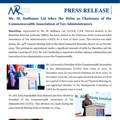 Document preview: Mr. M. Sudhamo Lal takes the Helm as Chairman of the Commonwealth Association of Tax Administrators (22.10.24) — Document, Mauritius (CERFA n°PressRelease221024)