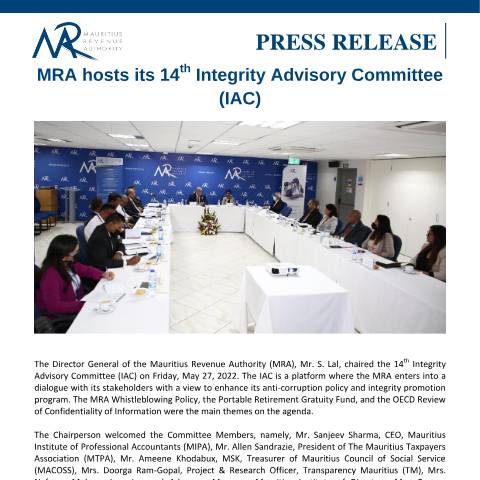 Document preview: MRA hosts its 14th Integrity Advisory Committee (IAC) (31.05.22) — Document, Mauritius (CERFA n°PressReleaseIAF310522)
